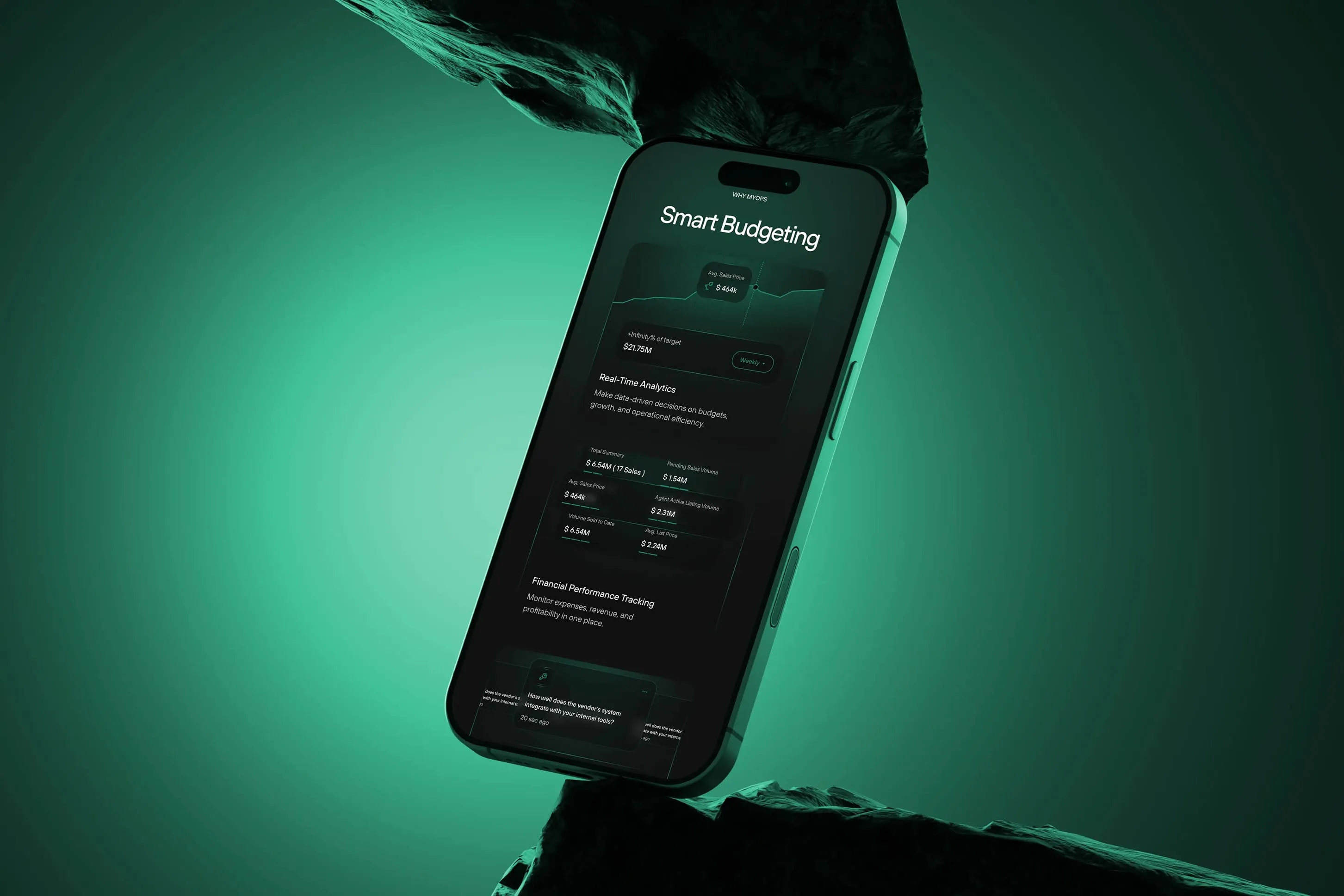 The MyOps mobile app on an iPhone, floating against a green backdrop