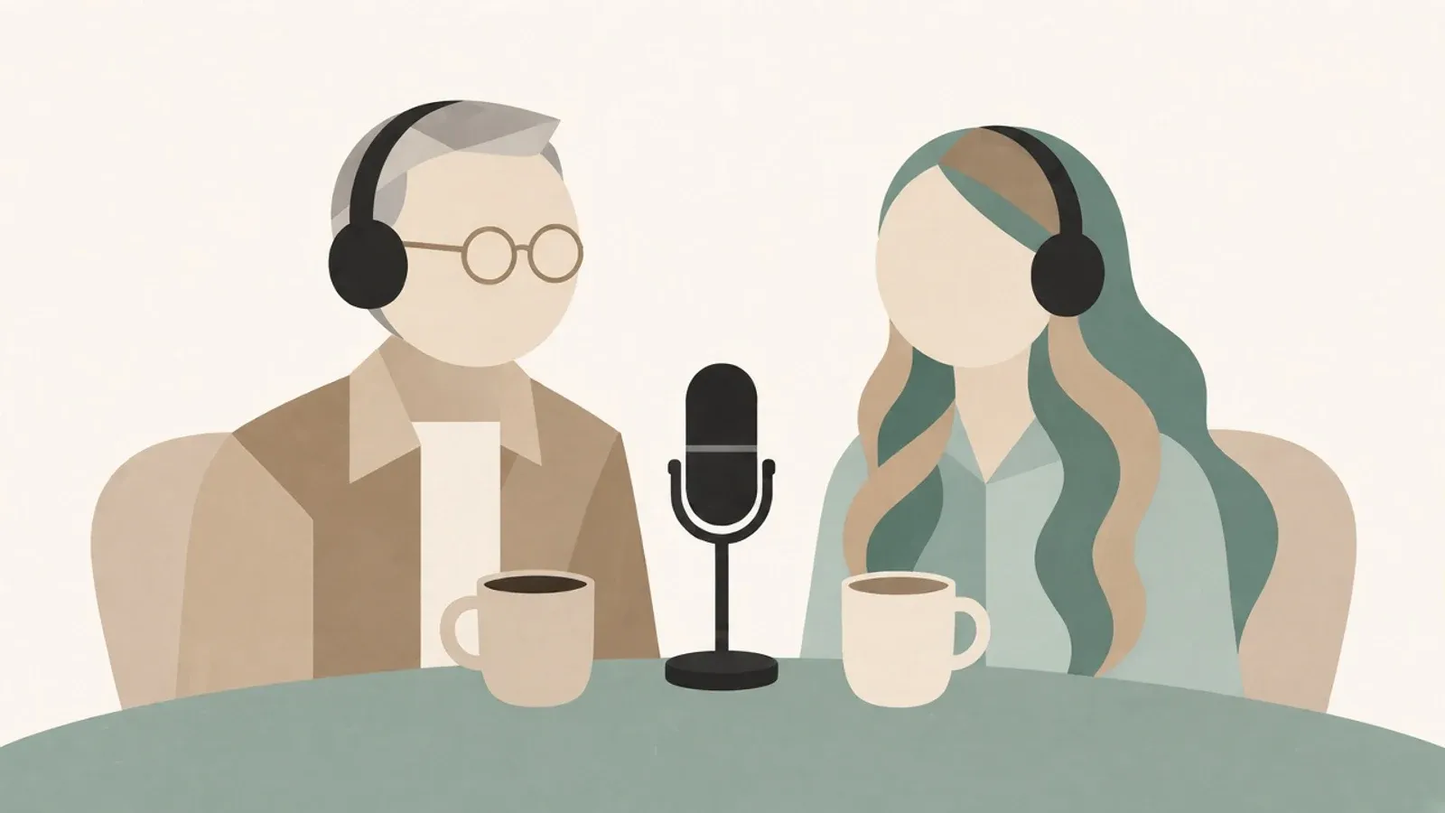 Maria Coukoulis and the Realtor 180 Podcast host in a geometric illustration, recording a conversation over coffee