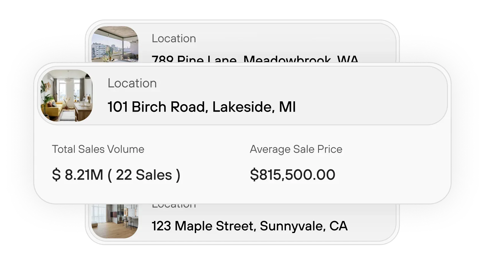 MyOps property cards showing addresses, total sales volume, and average sale price